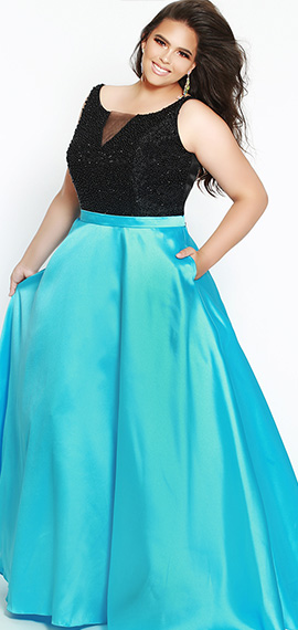 a-line prom dress from sydney's closet with teal skirt and black bodice