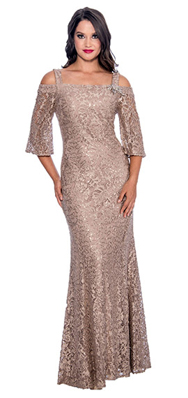 long metallic sequin off shoulder dress from emma street with jeweled brooch