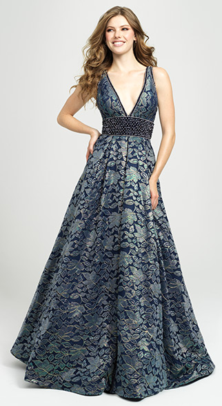 a-line prom dress from madison james with a deep neck-line and a metallic floral pattern