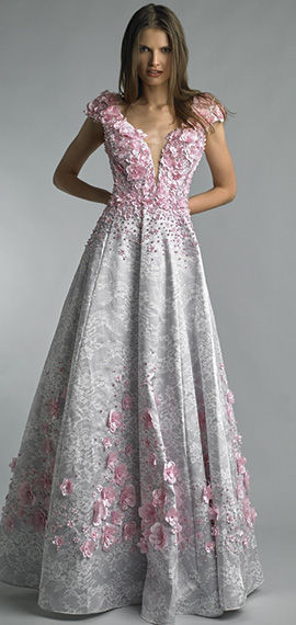 a-line grey pink prom dress from basix with 3d flower effects on bodice and lower skirt