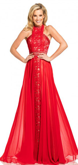 red sleeveless a-line prom dress from johnathan kayne with lace flowing from the bodice down the skirt
