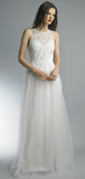 white wedding dress from basix bridal with embroidered bodice and lace skirt