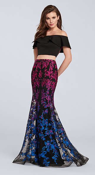 two-piece form-fitting prom dress from ellie wilde with floral skirt and off-shoulder top