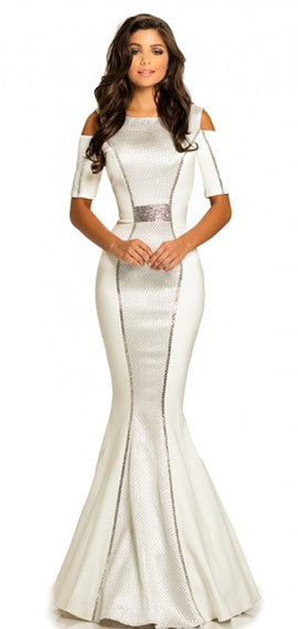 white fit and flare prom dress from johnathan kayne with ponte knit and metallic brocade fabric
