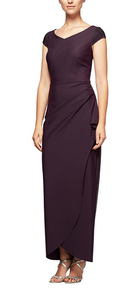 long cap sleeve sheath stretch jersey dress from alex evenings with cascade ruffle skirt and embellished sleeve detail.