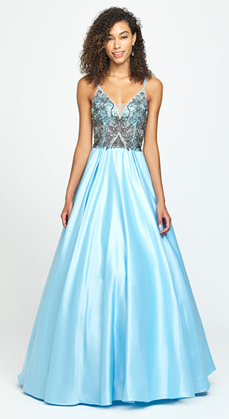 a-line prom dress from madison james with embroidered bodice and plain lace skirt