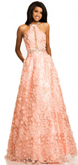 peach sleeveless a-line prom dress from johnathan kayne with 3d embroidered lace with glittering sequin
