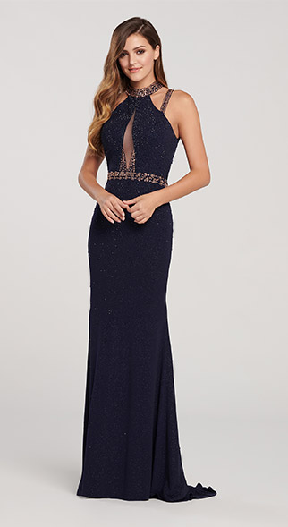 navy form-fitting prom dress from ellie wilde with jeweled choker neck