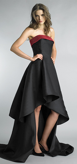 black and red strapless prom dress from basix with layered skirt