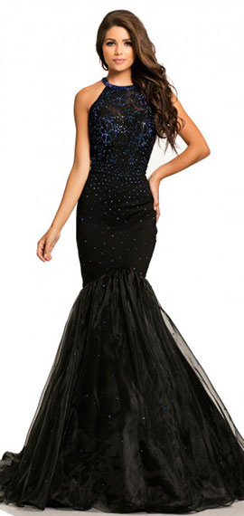 black sleeveless fit and flare prom dress from johnathan kayne with sparkling crystals throughout and a large scalloped keyhole back