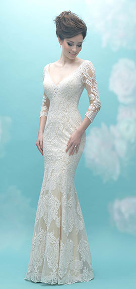 allure ivory bridal dress with illusion lace sleeves and scooped back