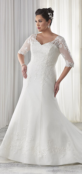 white mermaid bridal dress from bonny bridal with a modified v-neckline and lace illusion sleeves