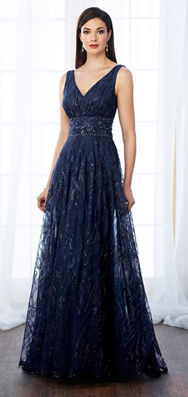 a-line navy blue gown from cameron blake by mon cheri with a v-neckline, hand-beaded waistband, and sweep train