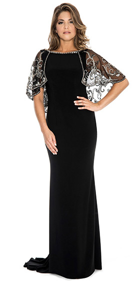 black form-fitting mother's dress from decode 1.8 with sheer beaded sleeves