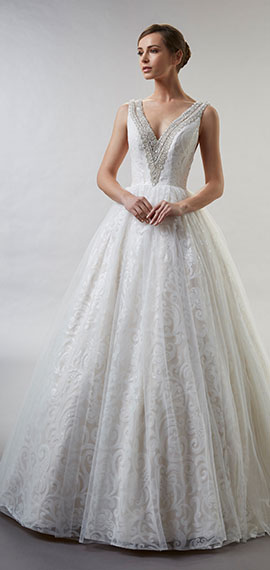 ball gown wedding dress from fiore couture with beaded thick straps, sequin design, tulle overlay, and deep v open back