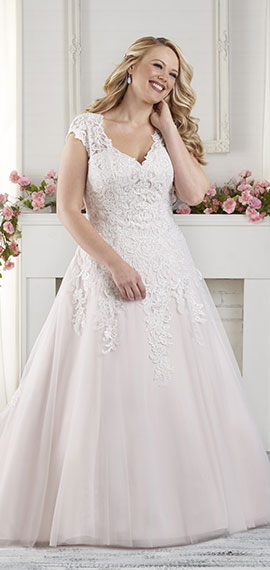 ivory rose and white a-line bridal dress from bonny bridal with lace cap sleeves and plunging neckline