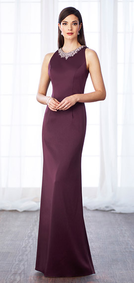 eggplant sheath gown from cameron blake by mon cheri with hand-beaded jewel neckline, and sweep train