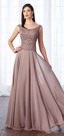 mink chiffon a-line gown from cameron blake by mon cheri with tapered shoulder straps, hand-beaded bodice, and sweep train