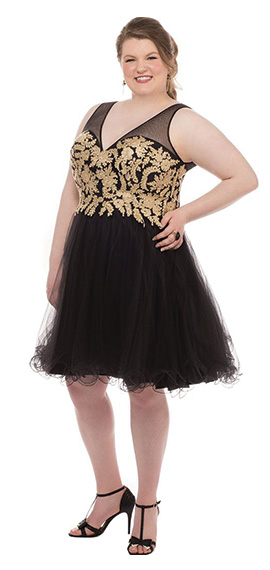 black a-line above-knee length homecoming dress from sydney's closet with gold embroidered bodice and tulle skirt