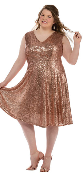 rose gold a-line below-knee length homecoming dress from sydney's closet with sequins throughout and v-neckline