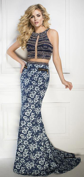 tony bowls form-fitting black prom dress with white floral pattern and exposed midriff