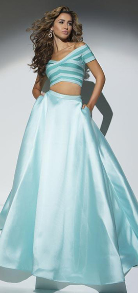 tony bowls turquoise prom dress with exposed midriff